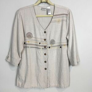 CLC Embroidered Embellished Linen Blend V-neck Artistic Shirt M